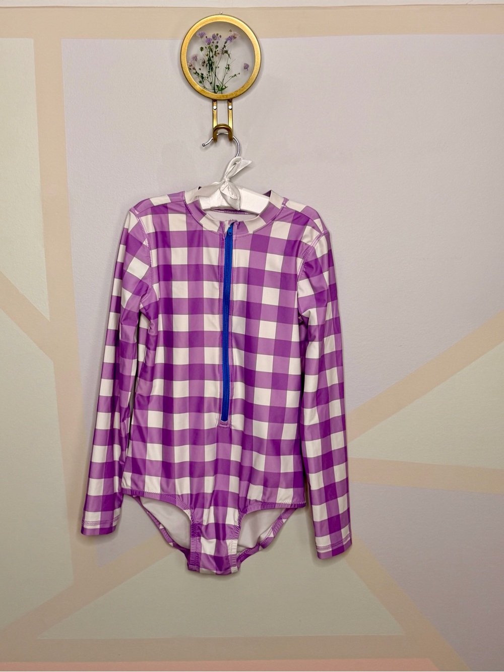 Primary Purple and White Gingham Zip-Front Long-Sleeve Swimsuit